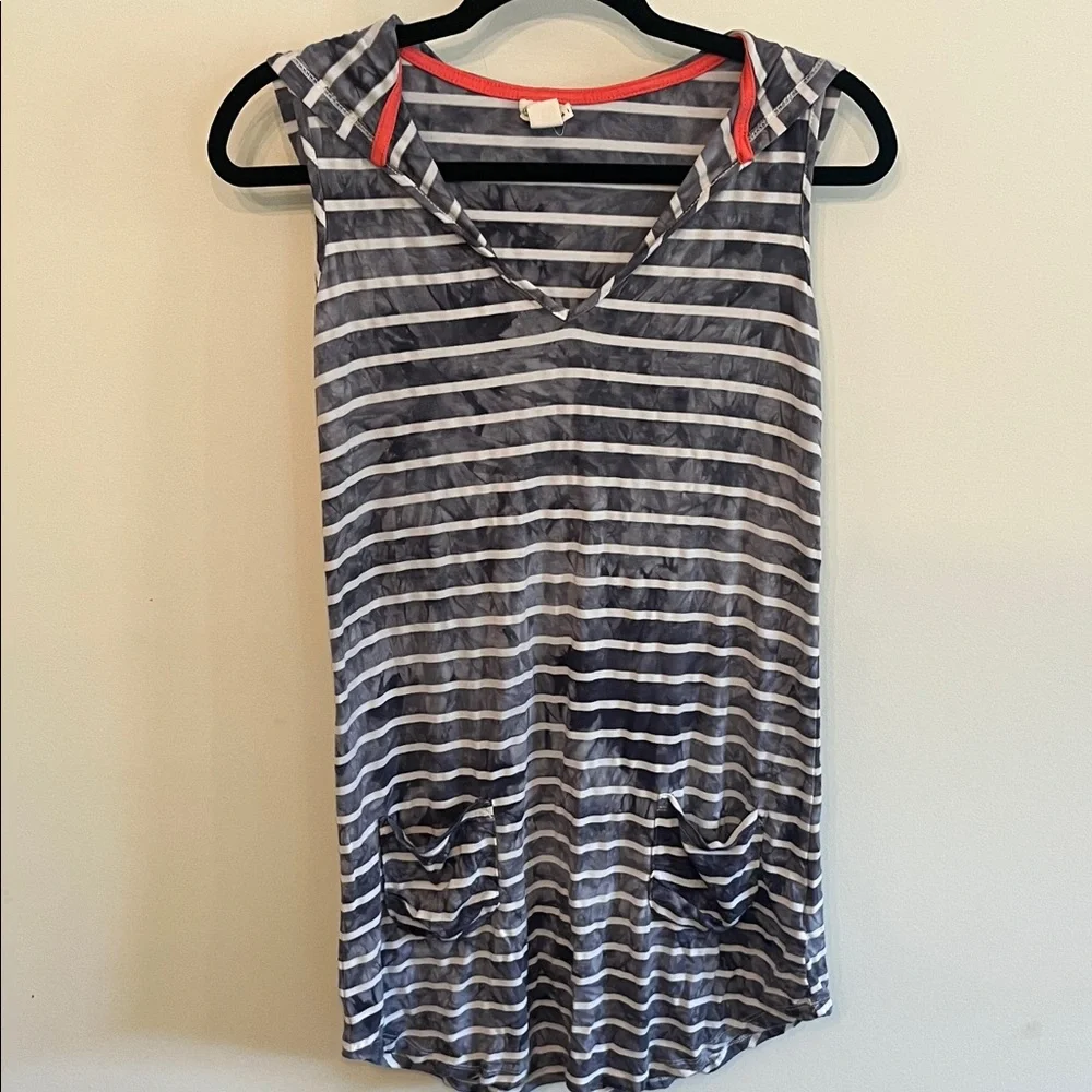 Akini Striped Navy and White Hooded Swim Coverup
